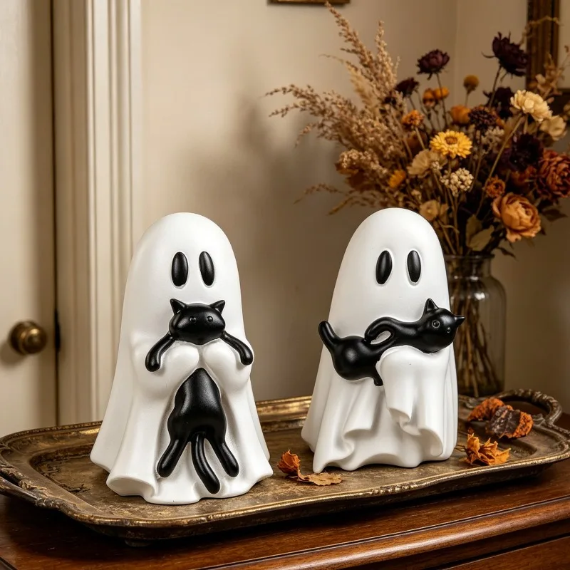 Halloween Ghost Holding Black Cat Figurine Resin Statue Cute Ghost Desktop Ornament Home Tabletop Decora Hug Sculpture Model