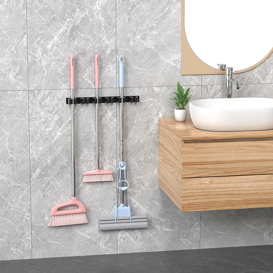 Mop Broom Holder 6 Position Multi-Functional Broom Hanger Shelf Bathroom Organization Accessories Home Kitchen Storage