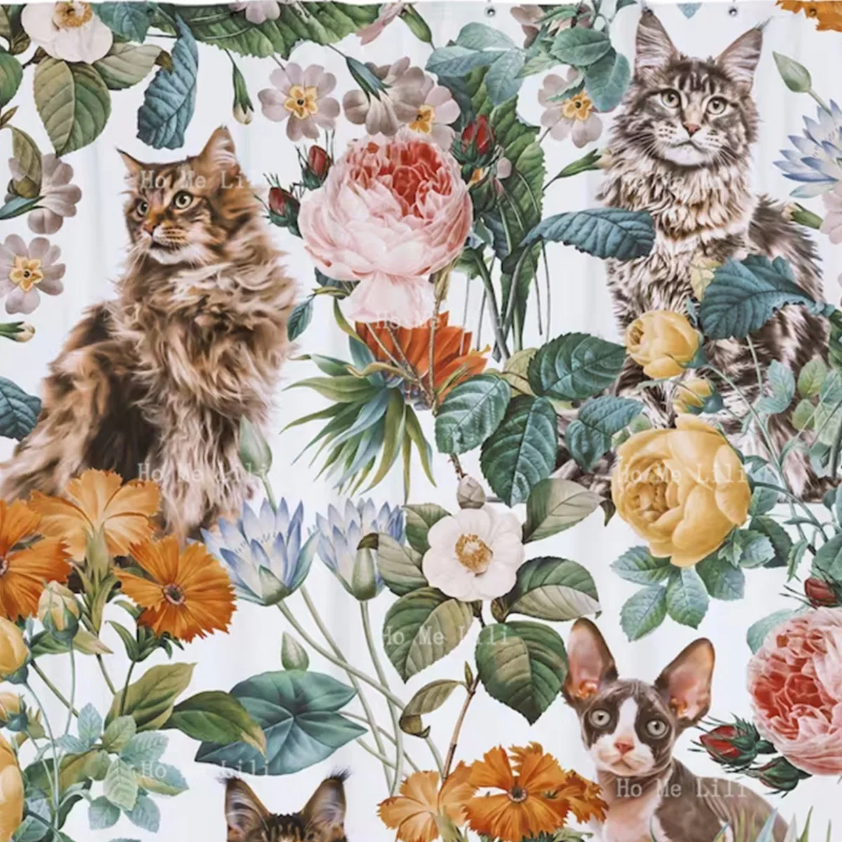 Whimsical Cat Shower Curtains, Floral Bathroom Decor, Bohemian Chic Artwork