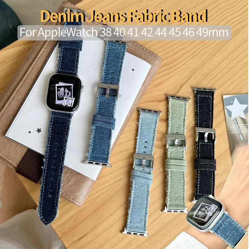 Denim Jeans Watch Band for Apple Watch Series 11 10 9 8 7 Ultra SE Denim Fabric Wrist Strap for Iwatch 46mm 42 44 45 49 38 40 41
