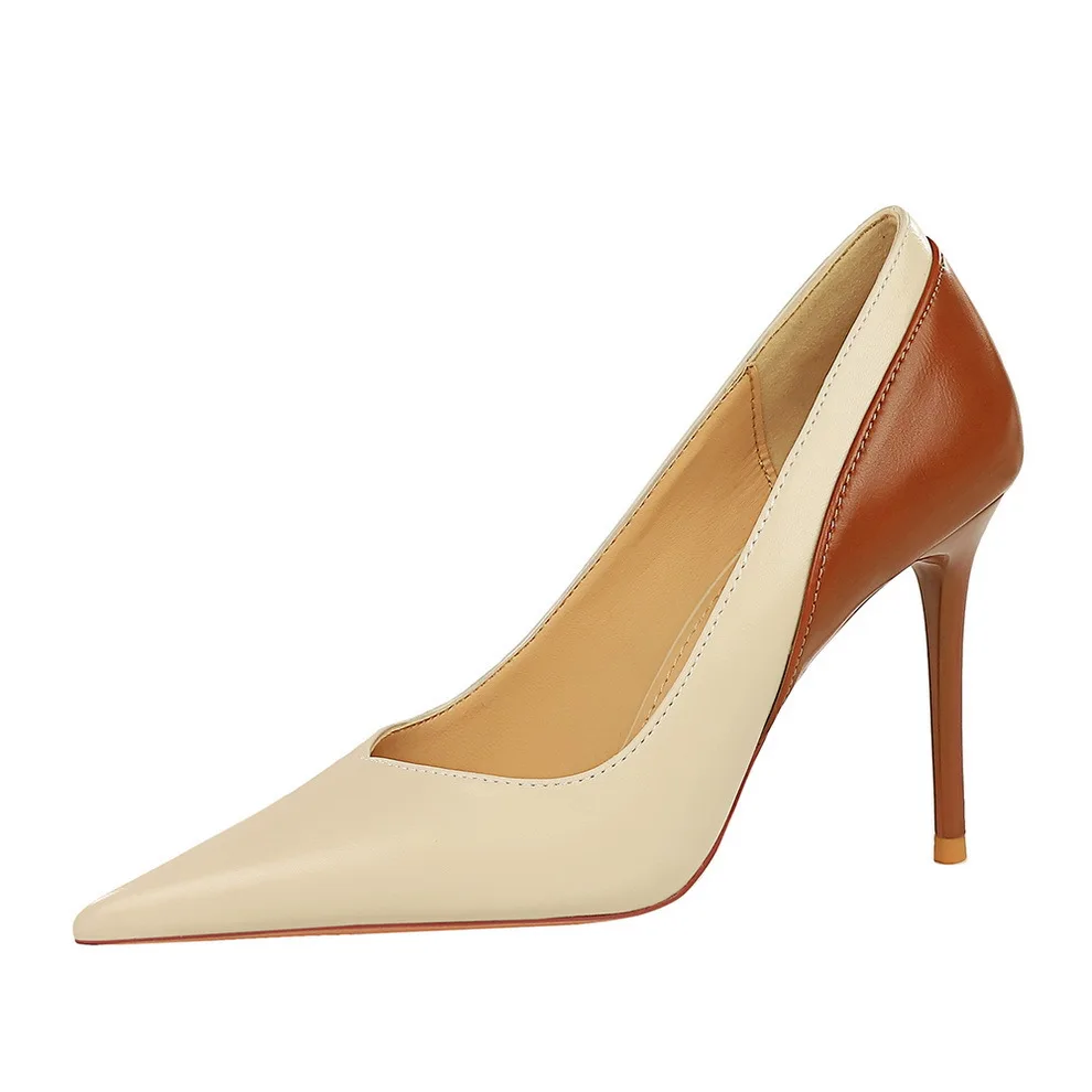 

Retro style high heels, slim heels, banquet women's shoes, shallow mouth pointed, color blocked super high heels, single shoes