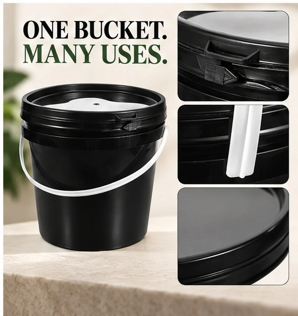 Black Paint Bucket Plastic Round Container Secure Lid with Handle Ergonomic Design Painting Storage Round Bucket with Lid