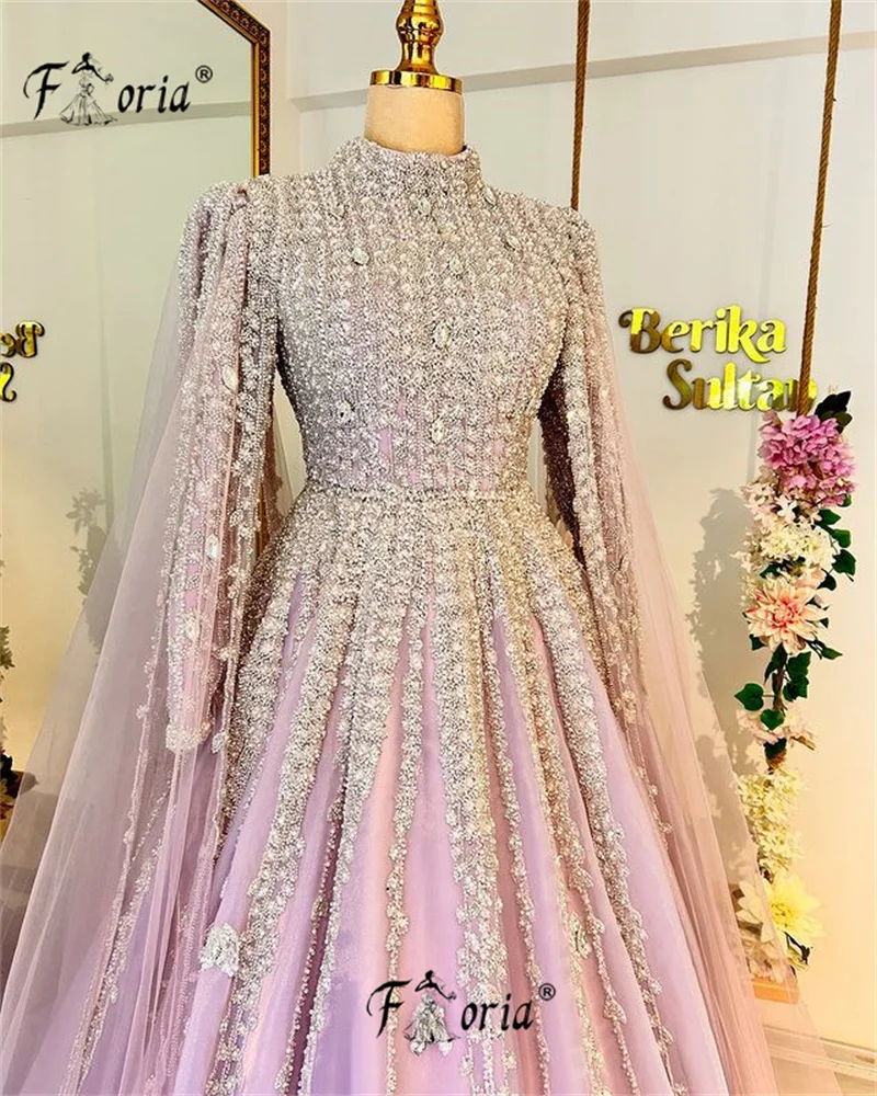 Muslim Woman Full Beads Long Sleeve Evening Dresses with Cape Dubai Arabia Kaftan Formal Party Dress Customized Wedding Gown New