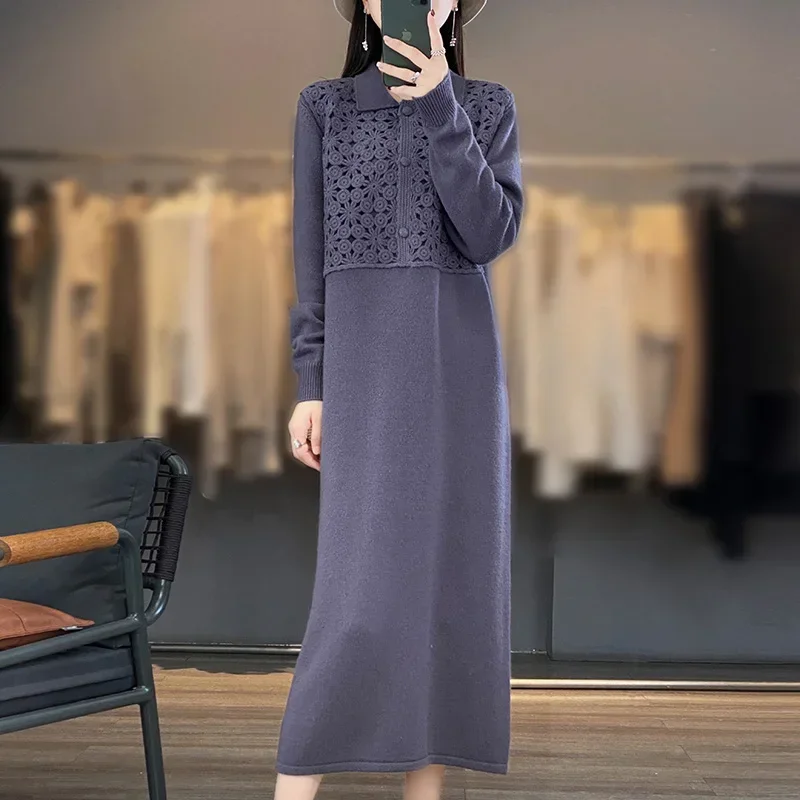 Tailor Sheep 100% Pure Wool Women's Polo Dress Sweater Long Solid Color Knitted Slim Fit Women's Pullover Dress 4 Colors