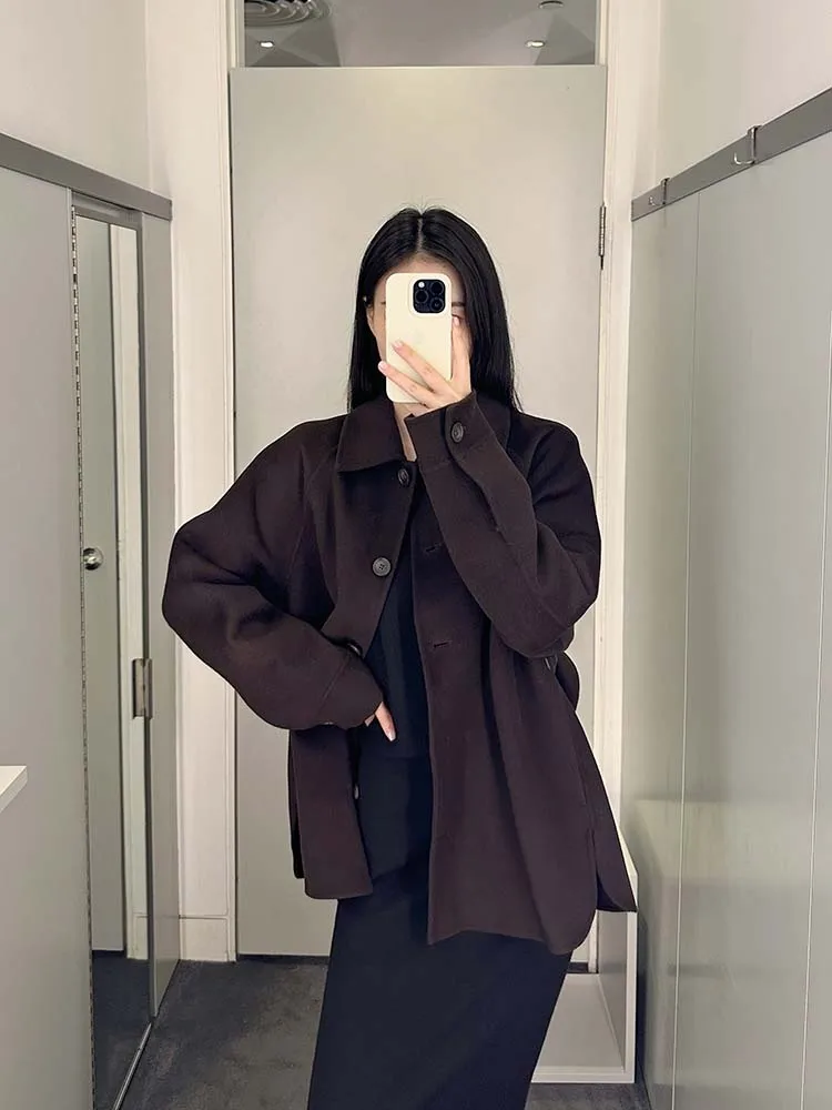 

Double-Faced Woolen Casual Sle irt Collar Deep Brown OL Suit for 25-29 Years Old Women Autumn New Cosniu Coat