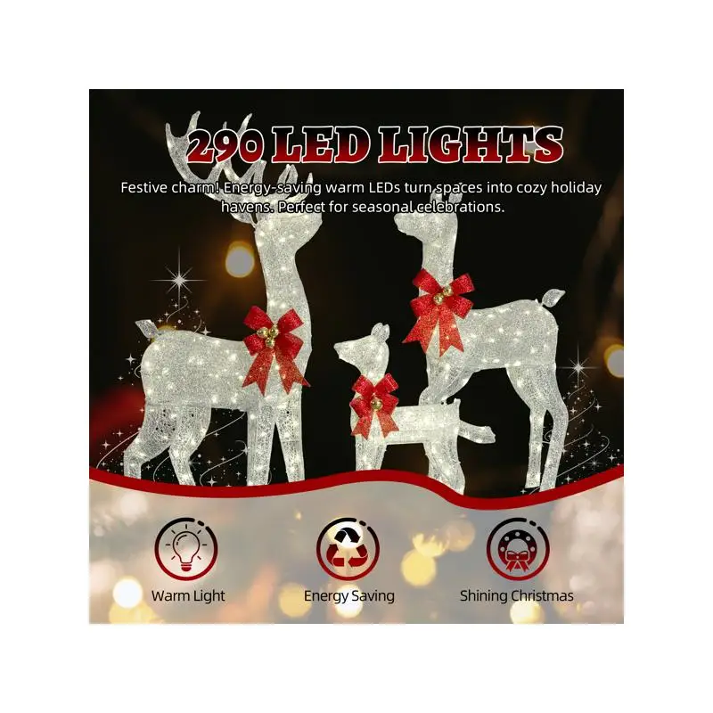 مجموعة ديكور عائلة الرنة المضاءة في الهواء الطلق مكونة من 3 قطع، غزال متلألئ مقاوم للعوامل الجوية، مضاء مسبقًا مع 290 مصباح LED أبيض دافئ #2