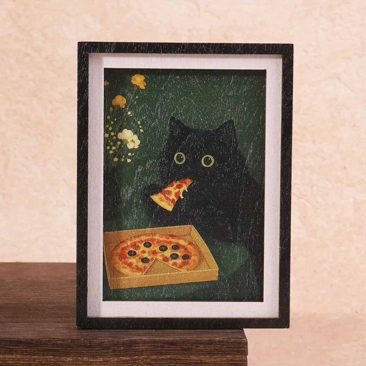 Mini 3-Layer Photo Frame Fridge Magnet, Black Cat & Pizza Pattern, Fun Home Decor, Refrigerator Ornament, Unique Holiday Gift