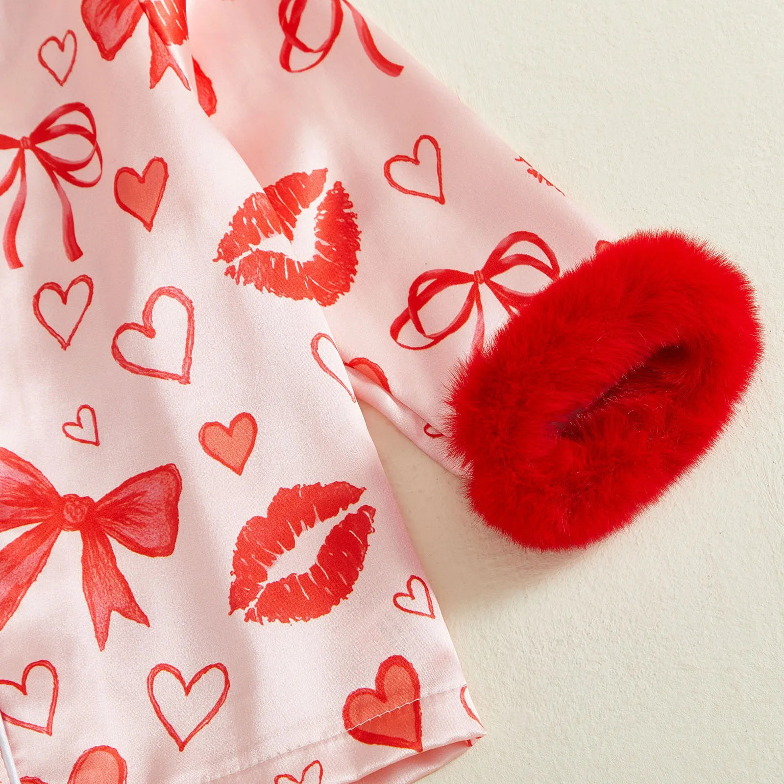 1-7Y طفل فتاة صغيرة عيد الحب منامة مجموعة طباعة الفراء تقليم زر أسفل التلبيب الخامس الرقبة طويلة الأكمام قميص بلايز السراويل Homewear