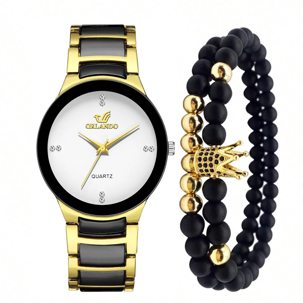 New Men's Fashion Business Steel Strap Scale Dial Quartz Watch + Crown Beaded Bracelet