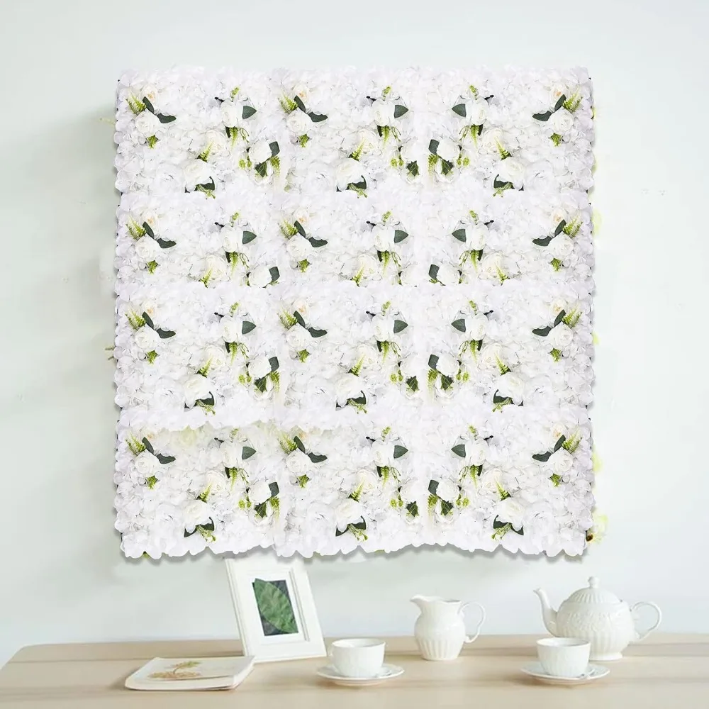 Lot de 6 panneaux muraux de fleurs artificielles – 24 x 16 pouces, toile de fond florale verte et blanche pour décorations