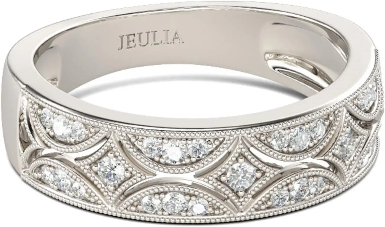 

Womens Wide Eternity Ring Wedding Band, Moissanite Diamond Milgrain Round Cut 18k White Gold Plated