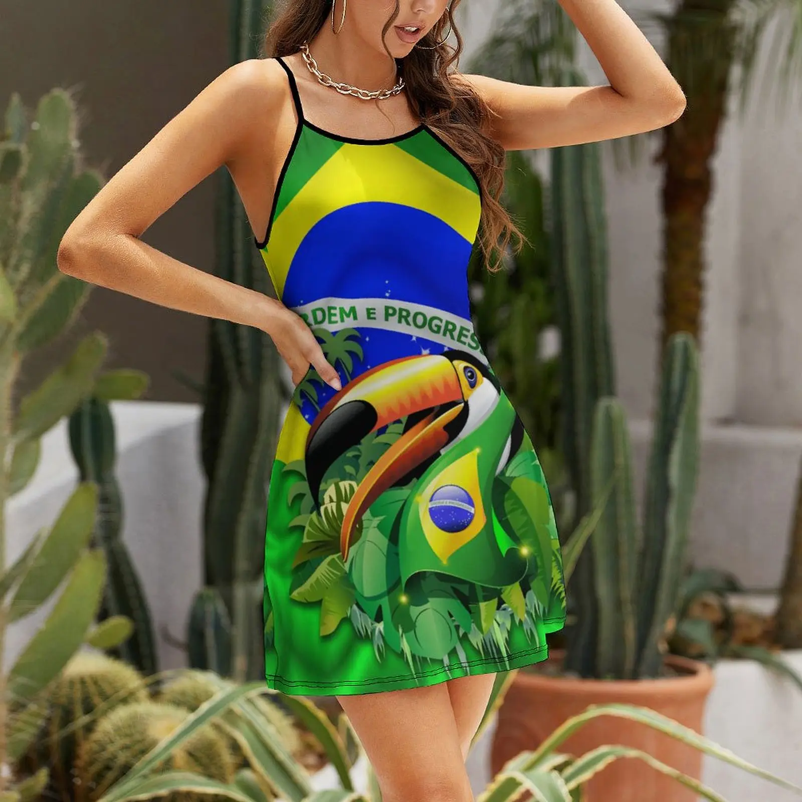 Toco Toucan on Brazil Flag  Women's Sling Dress Novelty Sexy  Woman's Gown Nerd  Parties Strappy Dress