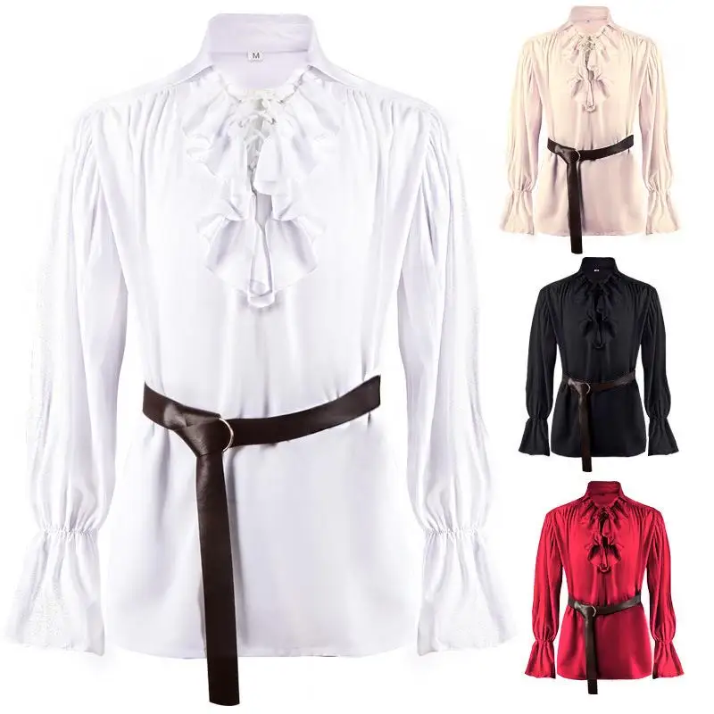 Camisa de Hombre Estilo Medieval con Mangas Abullonadas y Cinturón, Novedad de Halloween, Disfraz Vintage con Toque Étnico