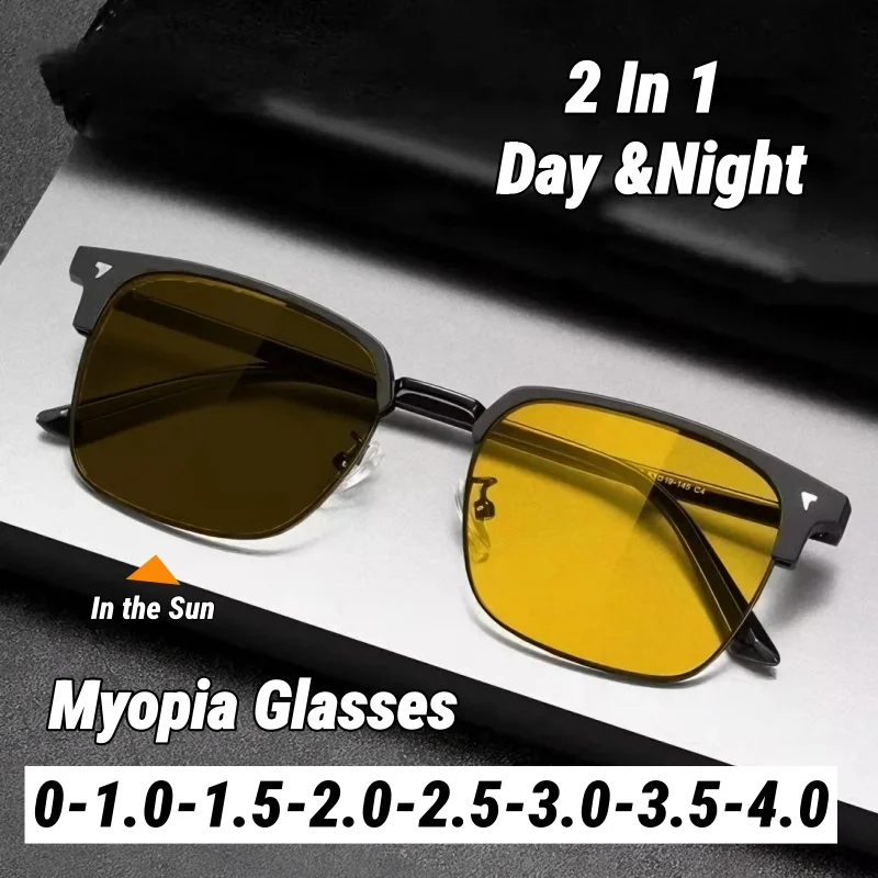 

Metal Half-Frame Photochromic Myopia Night Vision Glasses Day & Night Dual-Use Turn Grey Goggles Anti-Glare Driving Eyewear