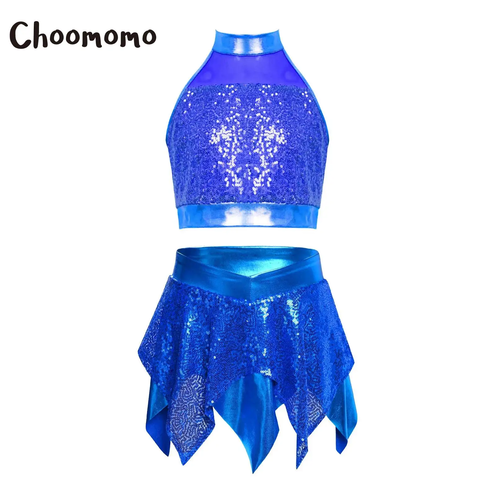 

Kids Girls Jazz Dance Outfit Sleeveless Sparkly Sequins Crop Top with Asymmetric Metallic Skirt Latin Ballet Dance Performance