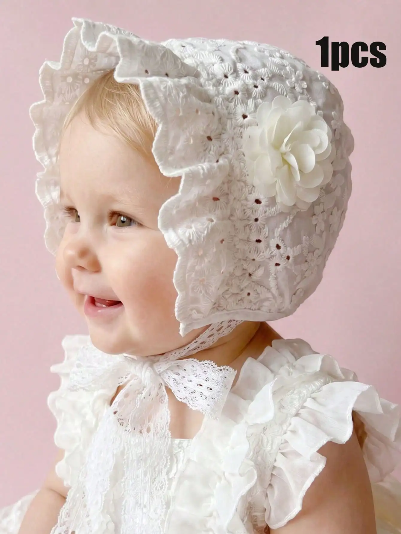 1 unidad Gorro de encaje blanco con flores para bebé niña de 6-18 meses, estilo retro con bordado elaborado, estilo corte, suave, para recién nacida