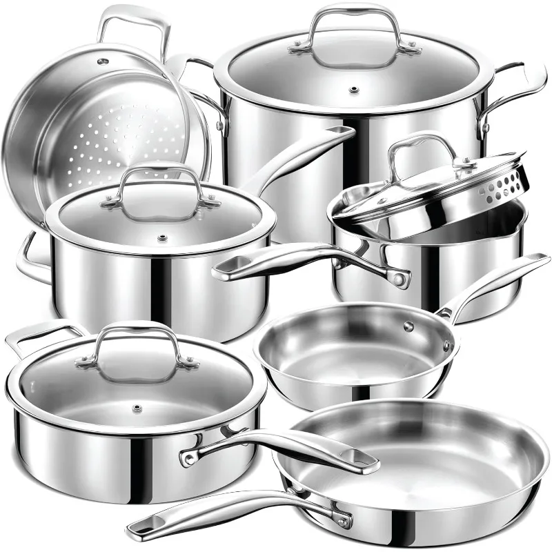 Legend  Ply Stainless Steel Pots and Pans Set w/Glass Lids, Non-Toxic, Induction, Oven Safe | Best Full Clad Premium