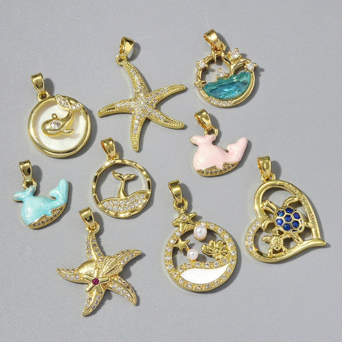 3pcs/Lot Ocean Style Whale Starfish Pendant Wholesale Turtle Shell Tail Copper Zircon DIY Charms Women Necklace Making Jewelry