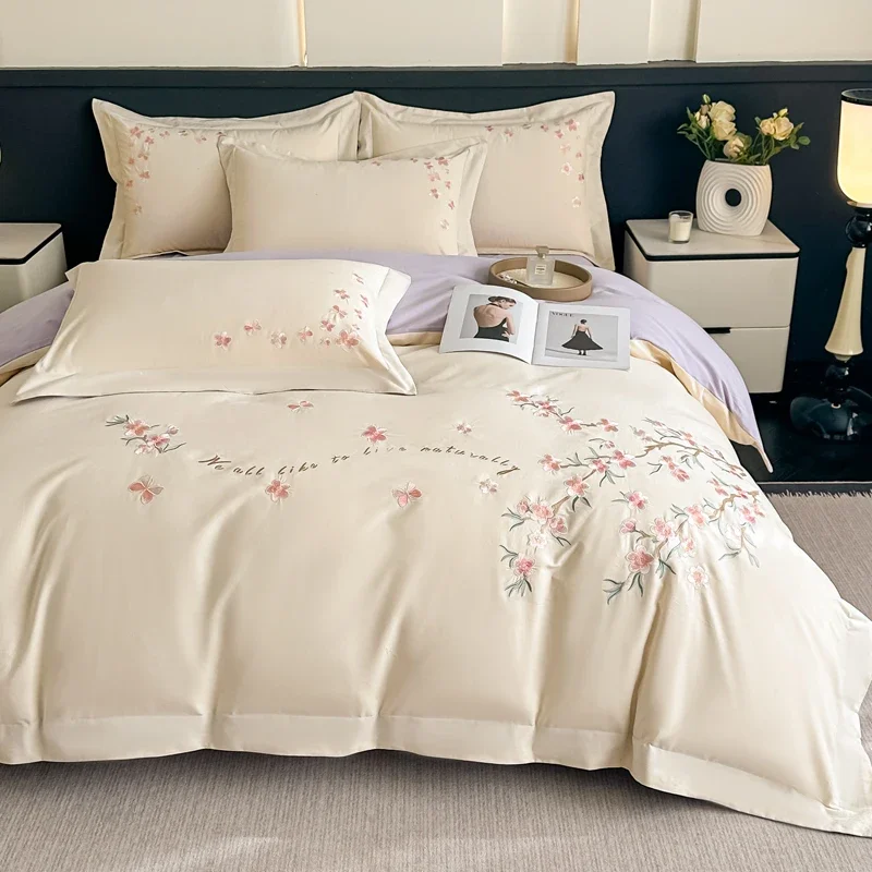 100% Cotton Floral Embroidered Duvet Cover Set King Queen Size Luxury Bedding Set Autumn Winter Soft Brushed Cotton Quilt Cover