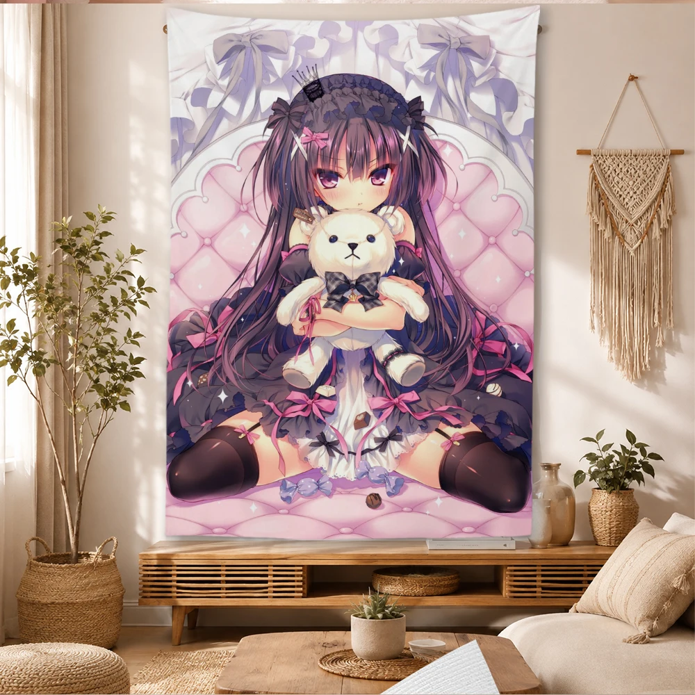 Cute Lolita Anime Girl Wall Tapestry Hug Teddy Bear Pastel Gothic Aesthetic Wall Hanging Bedroom Dorm Room Home Decor Cloth
