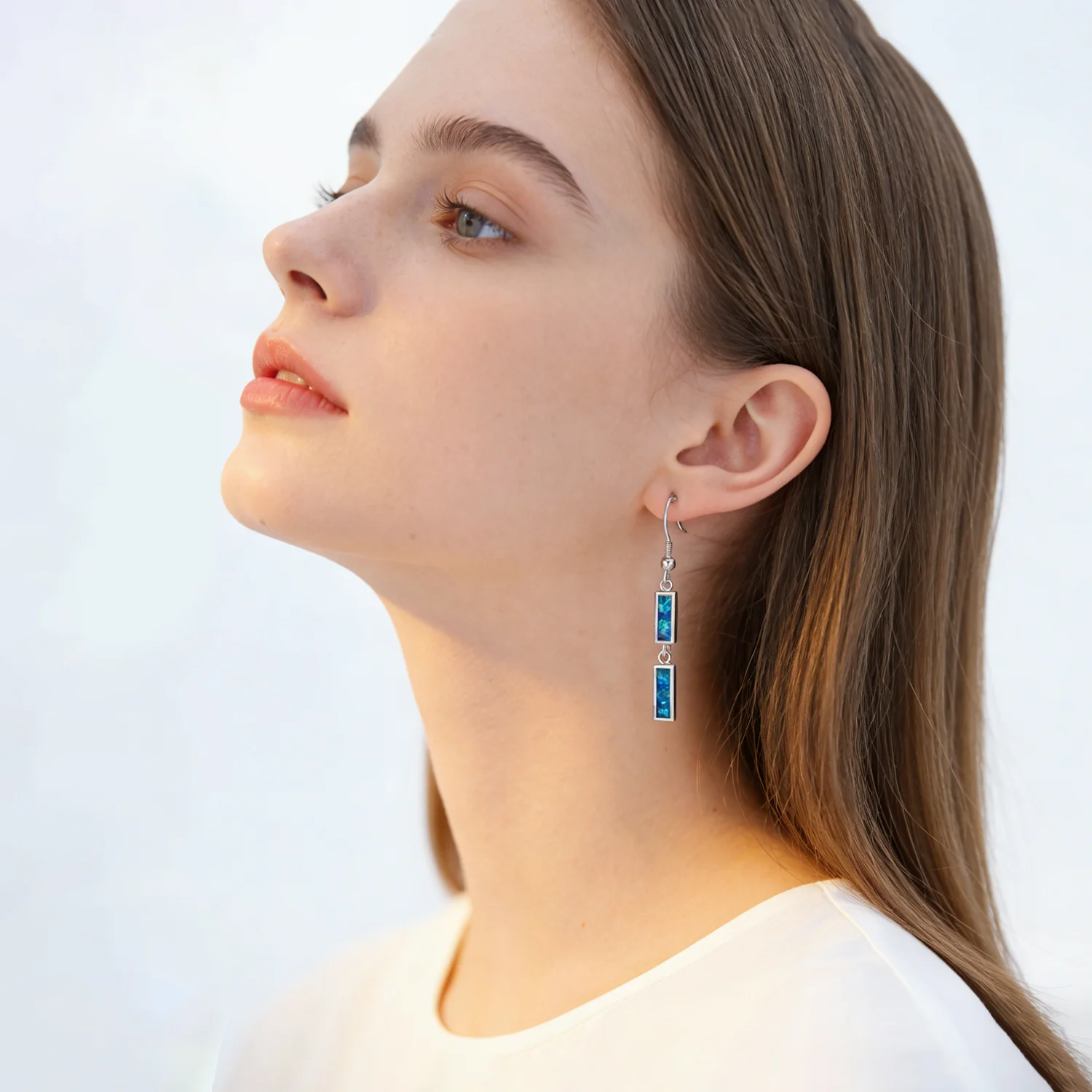 ​Hypoallergenic Hook Earrings with Blue Opal,Minimalist Rectangular Drop Earrings for Women,Lightweight Everyday Dainty Jewelry