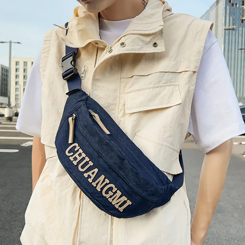 Street style Chest Bag For Men's Solid Color Waist Bags Man Letter Shoulder Bag Denim Fanny Pack Unisex Fashion Crossbody Bag