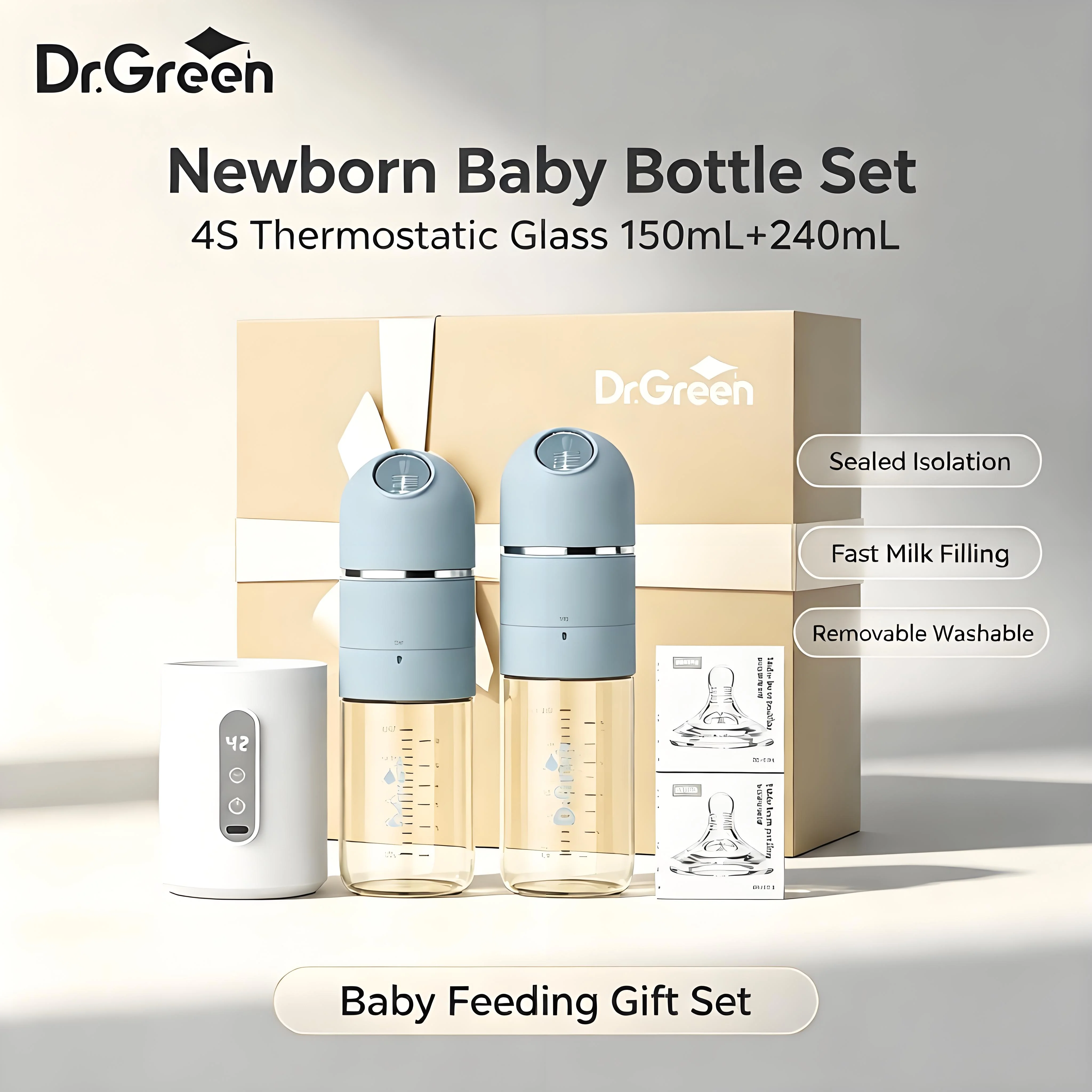 Dr.Green Newborn Baby Bottle Set, 4S Thermostatic Glass 150mL+240mL, Sealed Isolation Fast Milk Filling Gift Set