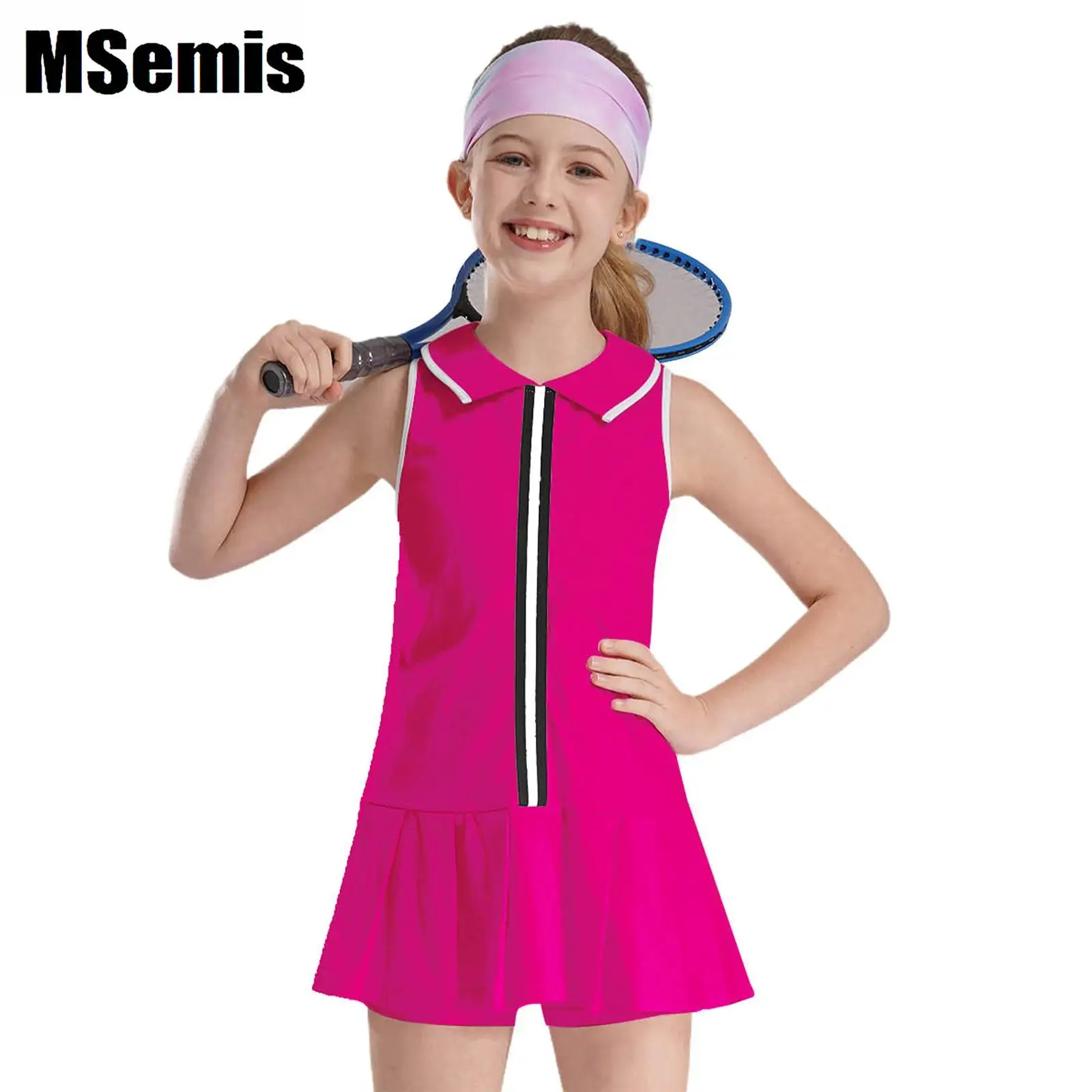 

Children Tennis Golf Pleated Dress Stripe Turn-Down Collar Sleeveless Dresses with Waistband Shorts for Sports Cheerleading