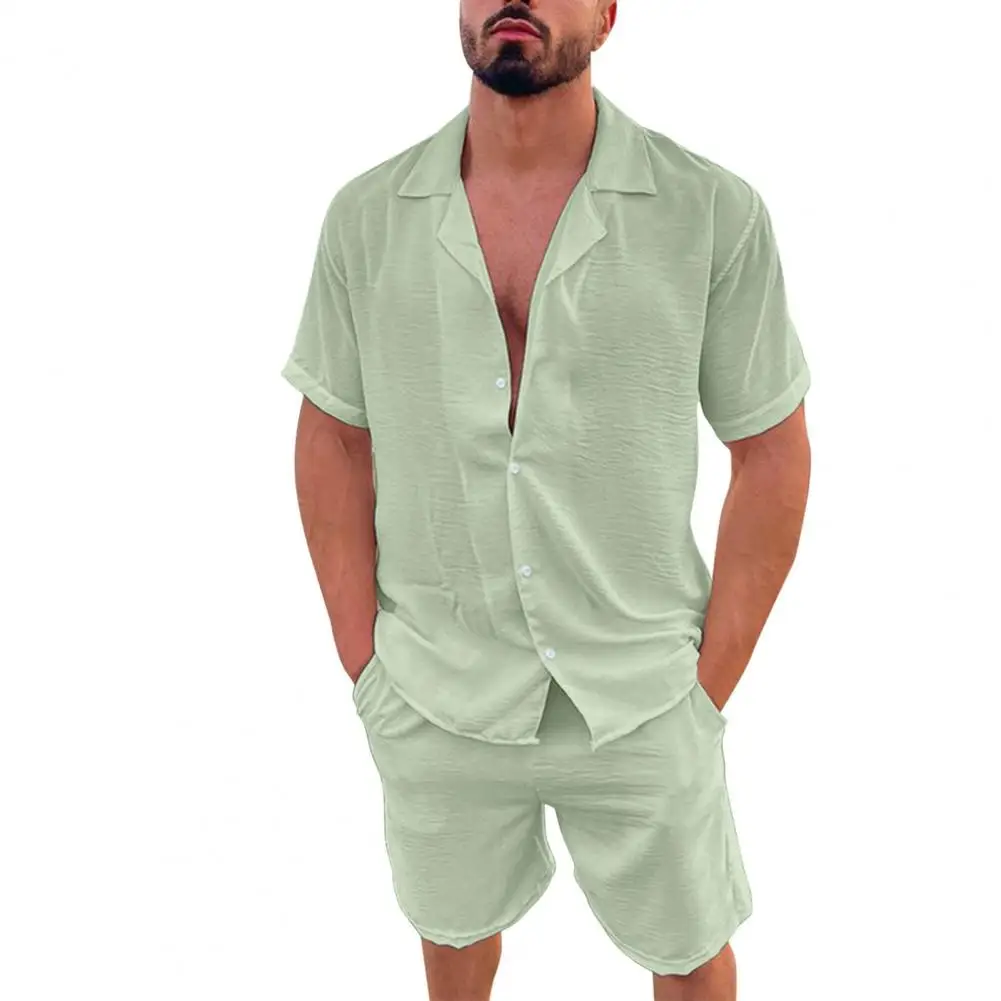 New 2024 Men\'s Summer Cotton Linen Sets Solid Short Sleeve Lapel Shirts and Shorts Sets Man Hawaiian Beach Holiday Clothing Sets