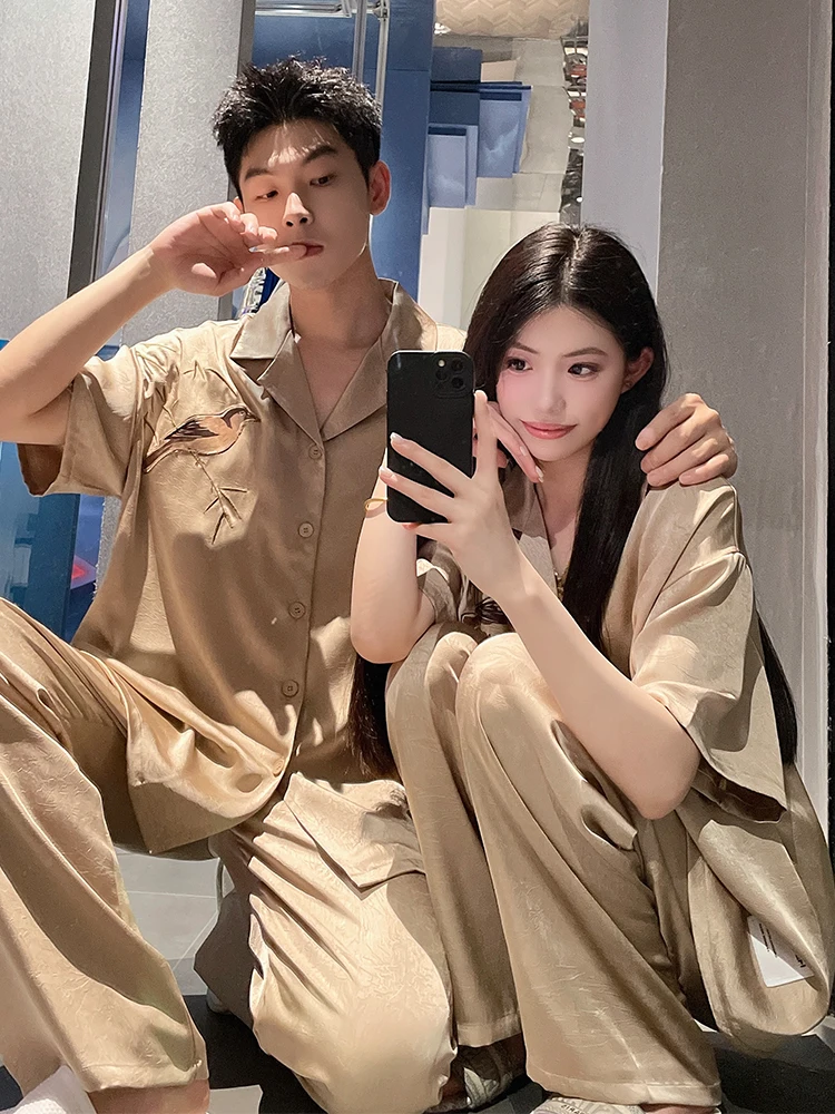 summer-casual-couples-sleepwear-short-sleeve-long-pants-home-clothes-soft-breathable-polyester-fabric-suitable-for-outdoor