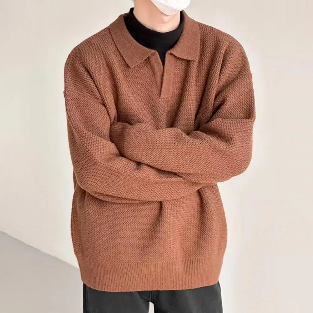 Men Lapel Knitted Sweater Jumper Pullover Sweater Old Money Oversize Pullovers Autumn Winter Khaki Tops Streetwear