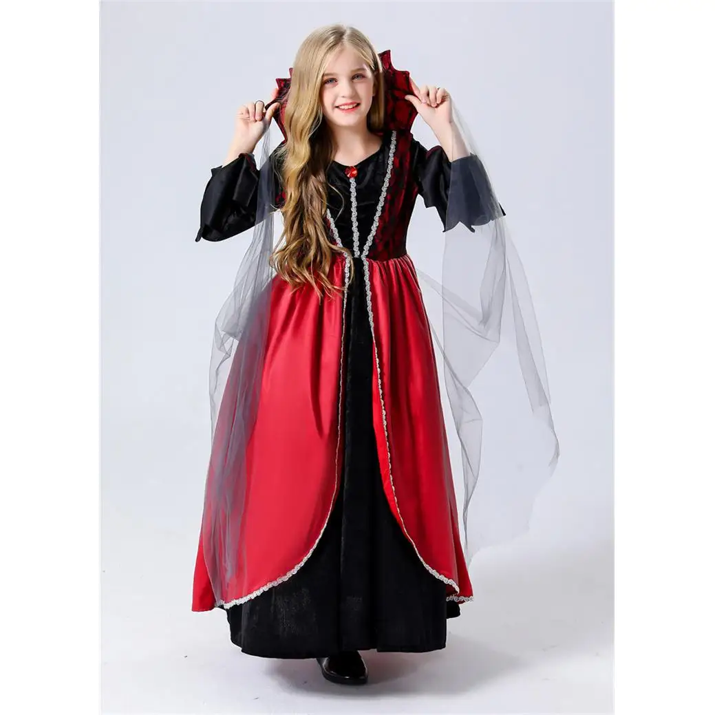 

loween Children's Court Costume Witch Queen Bla And Red Cosplay Masquerade Performance Clothes Women's Faion