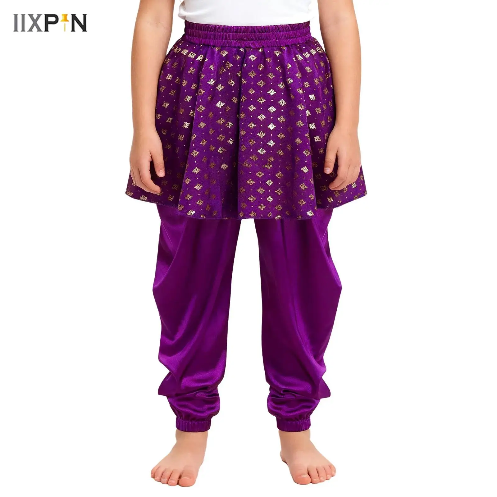 

Girls Boys Dhoti Pants Halloween Party Masquerade Cosplay Costume Metallic Floral Print Split Peplum Pants India Dance Pants