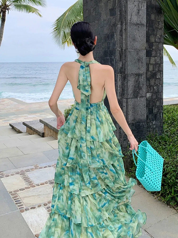 Women Summer Fashion Floral Green Printing Halter Bow Tie Neckline Backless Layered Long Casual Dresses Holiday