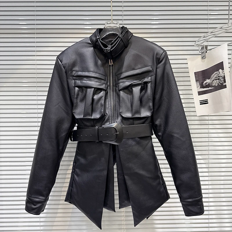 Winter new spicy girl workwear pocket belt waist cinched PU leather jacket fashion solid color street cotton mid length coat