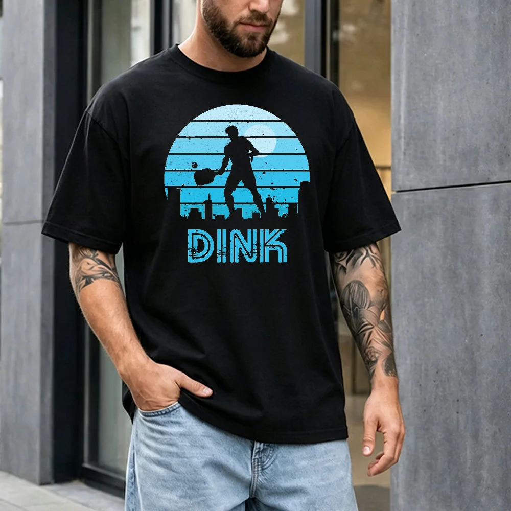 Dink Pickleball Player Summer Men Cotton Tshirt Retro Sunset City Silhouette Vintage Sports Graphic Trendy Short Sleeve Apparel