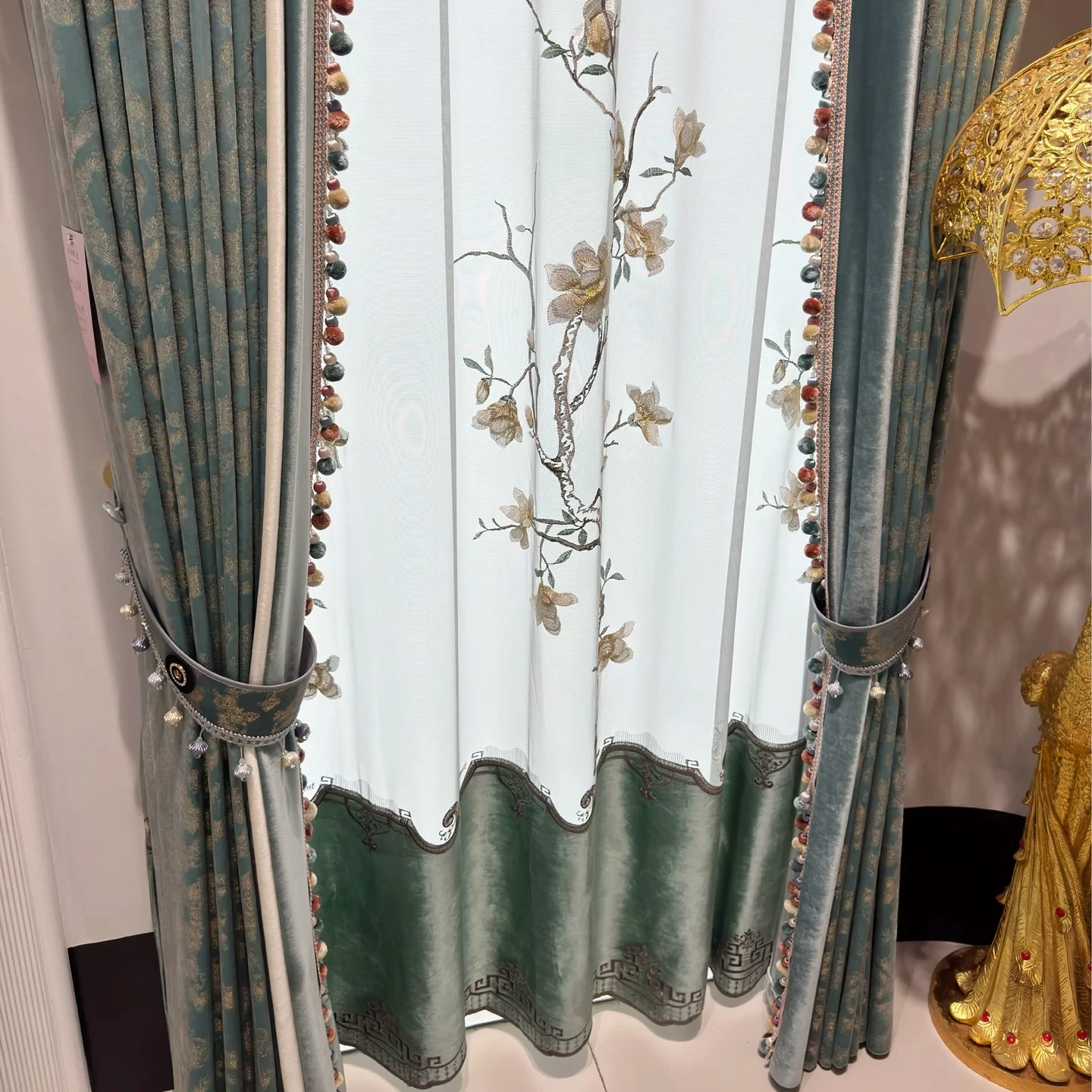 European Embroidered Blue-green Gilded Valance Jacquard Mosaic Luxury Curtains for Living Room Bedroom Window Balcony Tulle