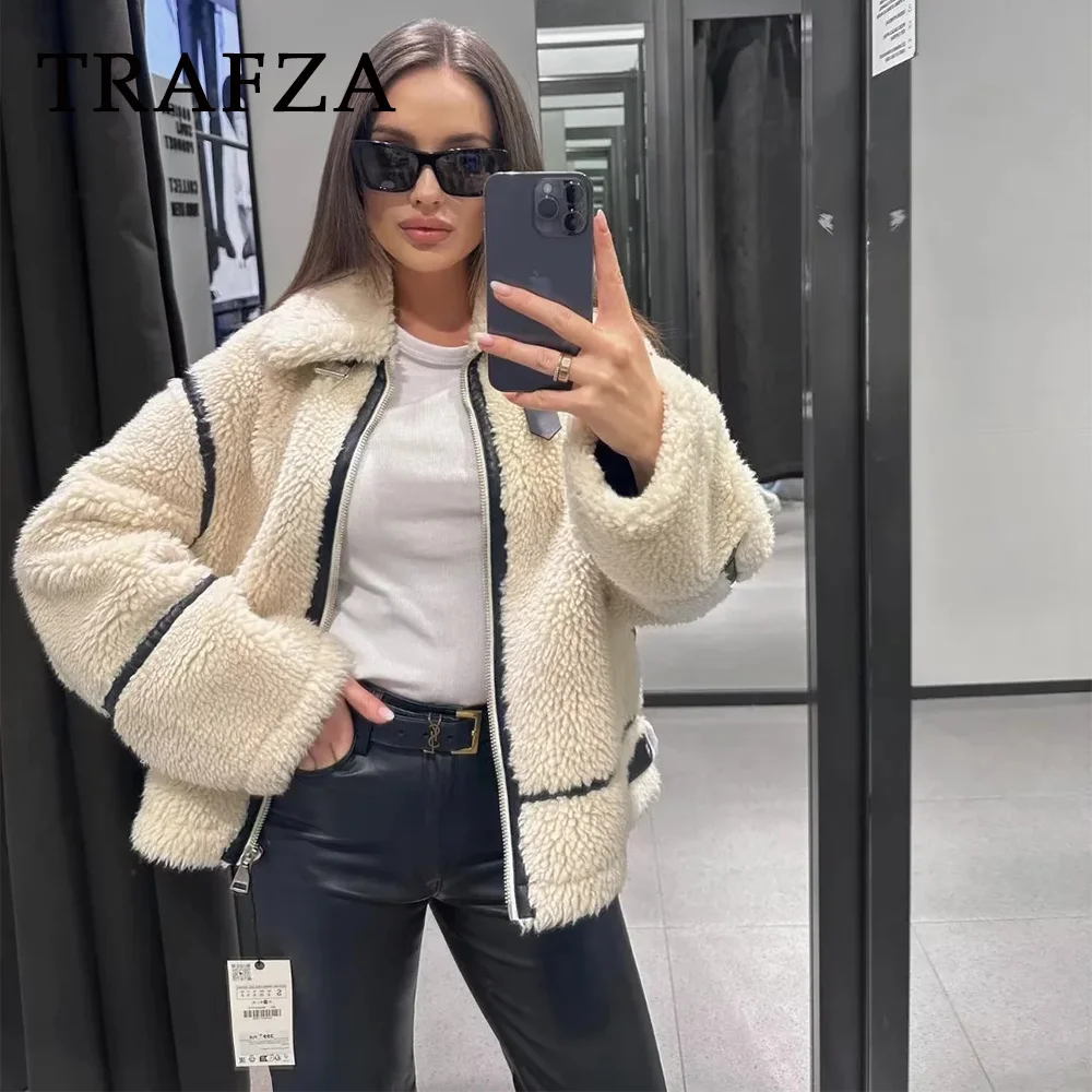 TRAFZA 2023 Women Autumn Winter lambswool Casual Jackets Fashion Streetwear Solid Loose Zippers Demi-season Jacket For Women