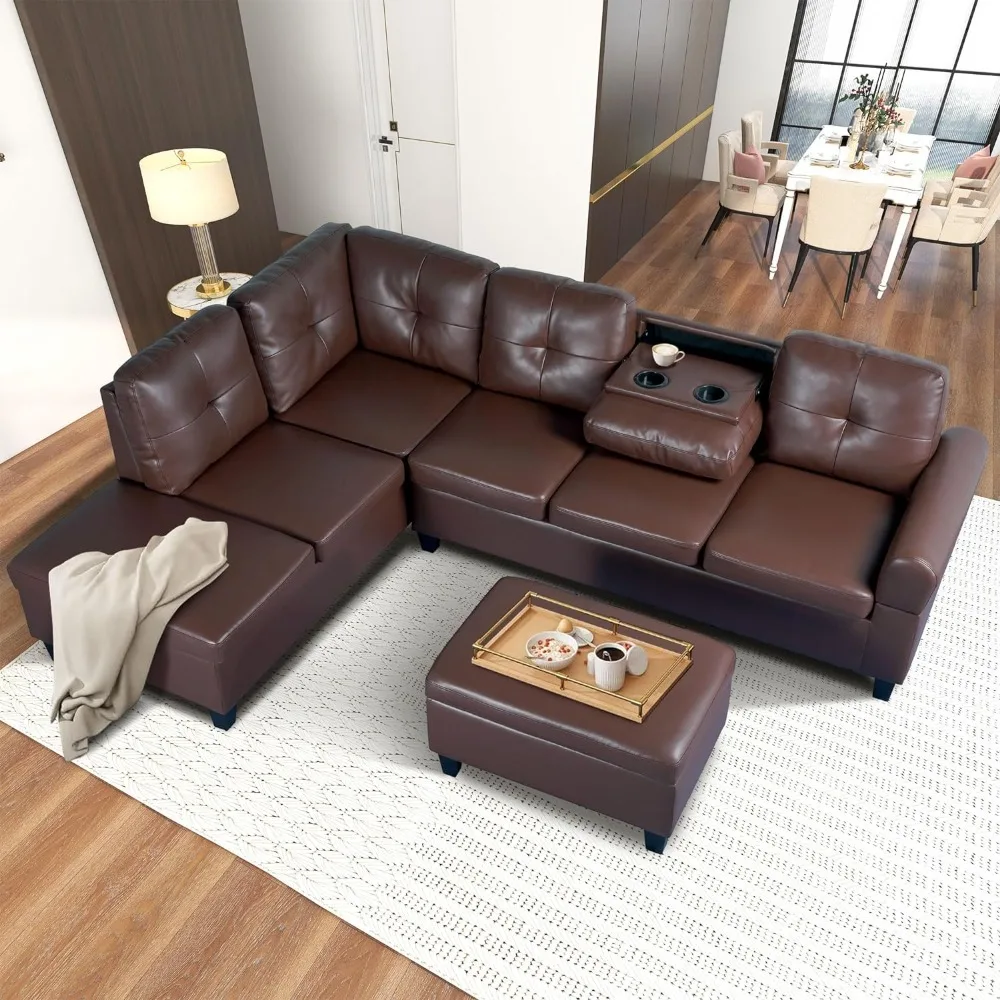 

L Shaped Sectional Sofa Set with Storage Ottoman and Cup Holders, Wide Convertible Upholstered Couch Sectional Sofa