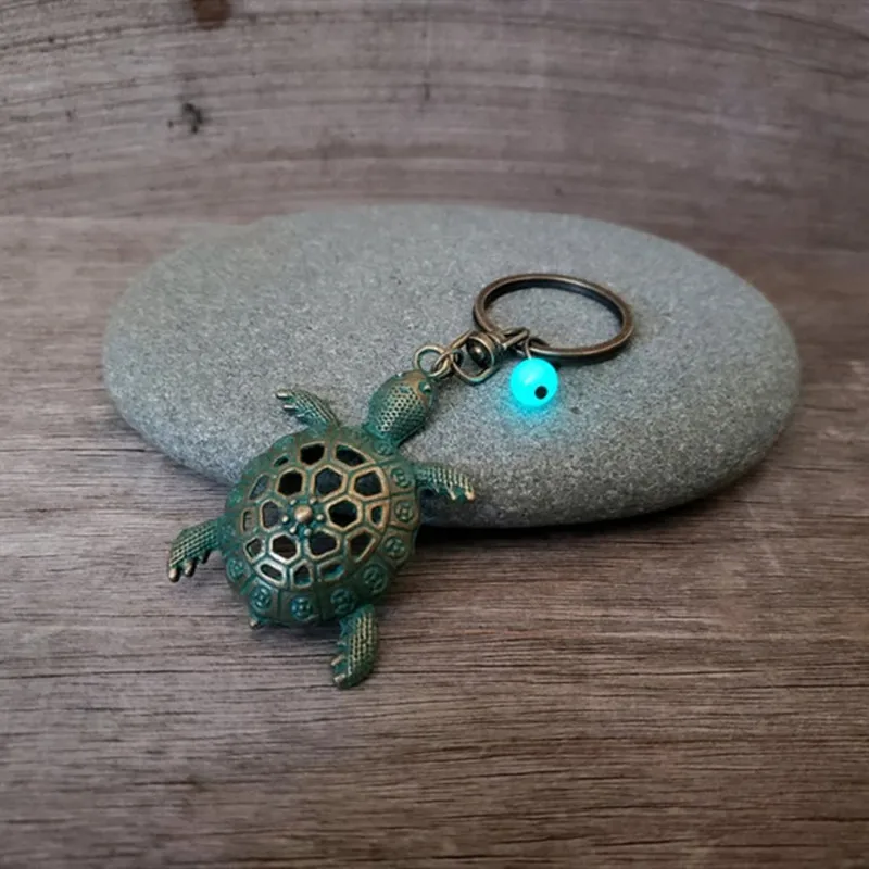 Glowing Tortoise Keychain Key Ring Glow In The Dark Sea Turtle Purse Chain In Verdigris Patina Bronze,Gift for Turtle Lover