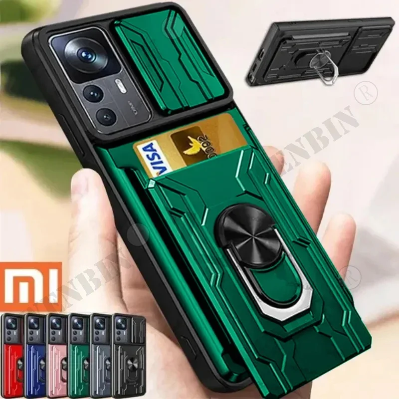 Case For Redmi Note 13 Pro Plus Poco X5 Pro Xiaomi 13T Pro Slide Stand Ring 360 Magnetic Camera Military Grade Card Slot Cover