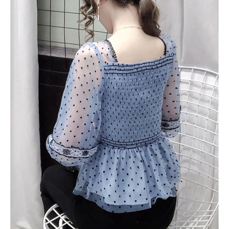Women Korean Fashion Polka Dot Print Ruffle Blouse Sexy See Through Mesh Lace Patchwork Shirt Square Collar Half Sleeve Slim Top