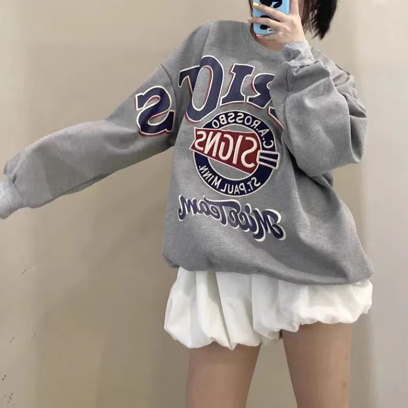 

American Retro Letter Print Thin/Velvet Sweatshirt Women's Autumn/Winter New Trendy O Neck Loose Pullover Top Hoodless Hoodies