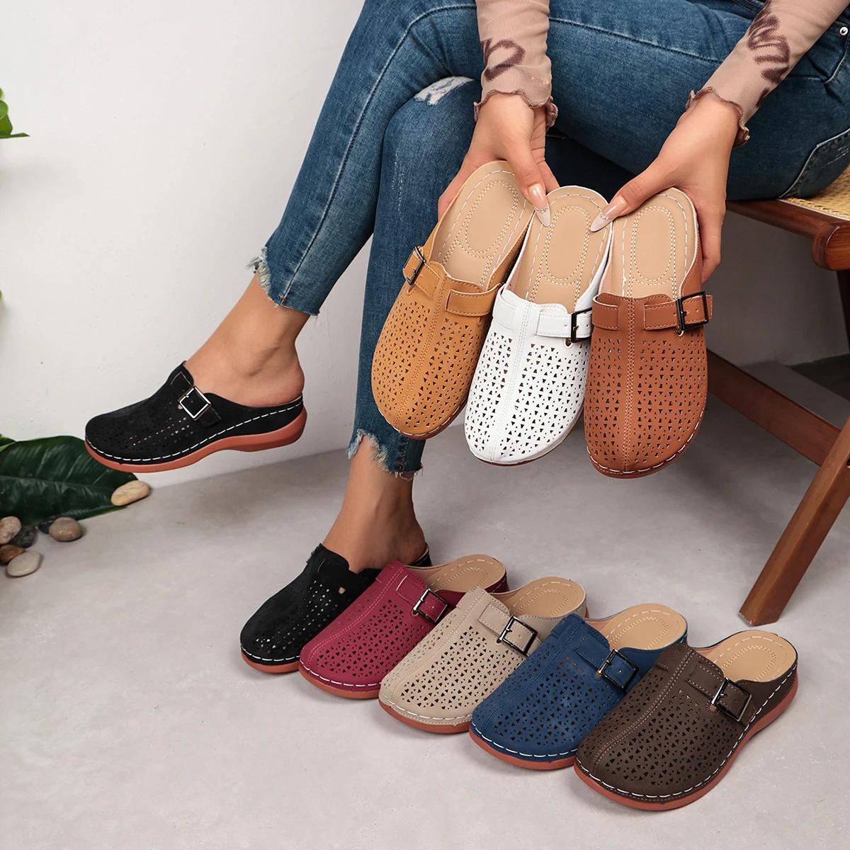 Sandales compensées orthopédiques ouvertes pour femme – Confortables, respirantes et décontractées – Style rétro – Idéales pour l'été