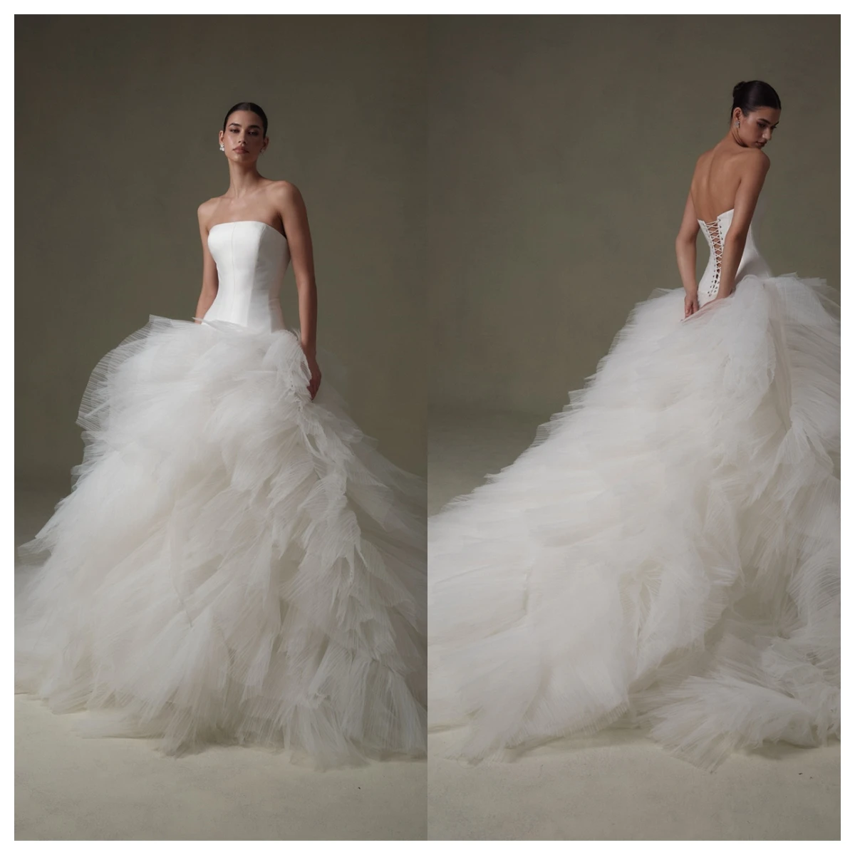 맞춤형 럭셔리 화이트 Organza 이브닝 드레스 Strapless 민소매 Vestido De Novia 레이스 업 맞춤형 행사 가운