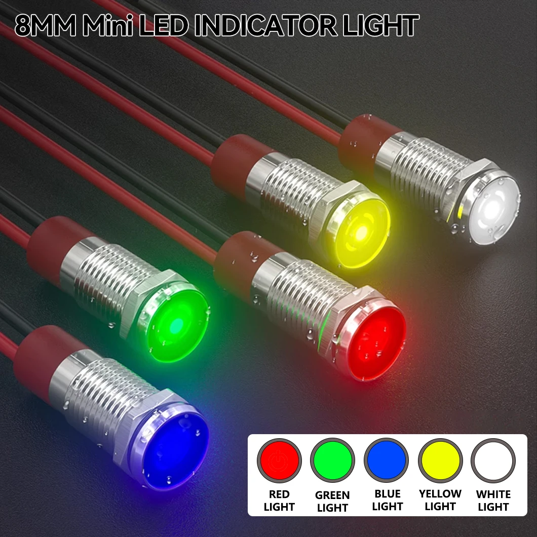 ABILKEEN 10PCS IB8N 8MM Mini Metal LED Indicator Light 12V/24V/220V High Brightness Industrial Signal Pilot Lamp and 150MM Cable