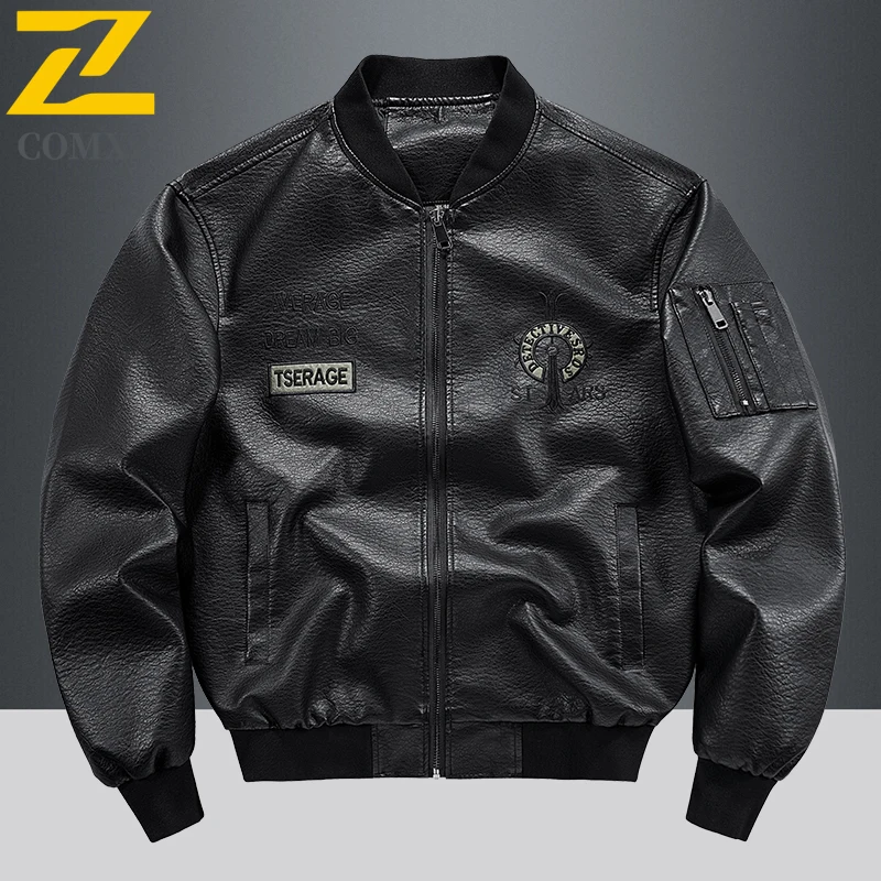 

COMXZ Men Bomber Stand Collar Jacket Spring Autumn Retro Leather Loose Fit Korean Style Workwear Waterproof Motorcycle Outerwear