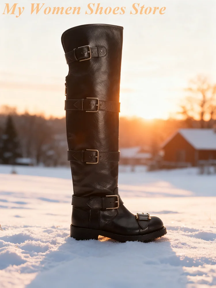

Сапоги выше колена с пряжкой и ремешком, круглый носок, блочный каблук, молния сзади, подиум 2026, новые поступления, черные, зеленые, красные туфли ручной работы