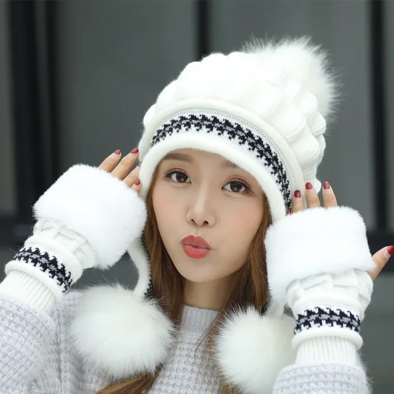 2026 Women Girls Hat Gloves Set Keep Warm Knitted Fur Ball Decoration Cute Fashion Beanies Glove 2 Pieces Set For Winter