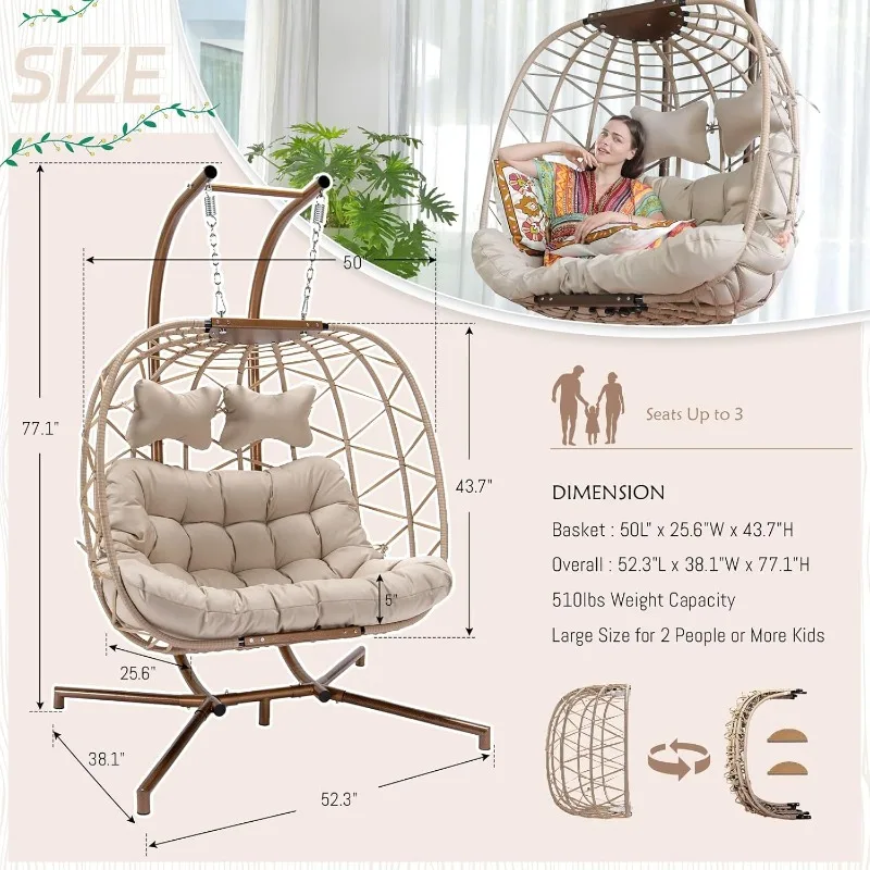 Double Swing Egg Chair with Stand for Bedroom, Outdoor 2 Person Large Wicker Hanging Chair Oversized Twins Patio Loveseat